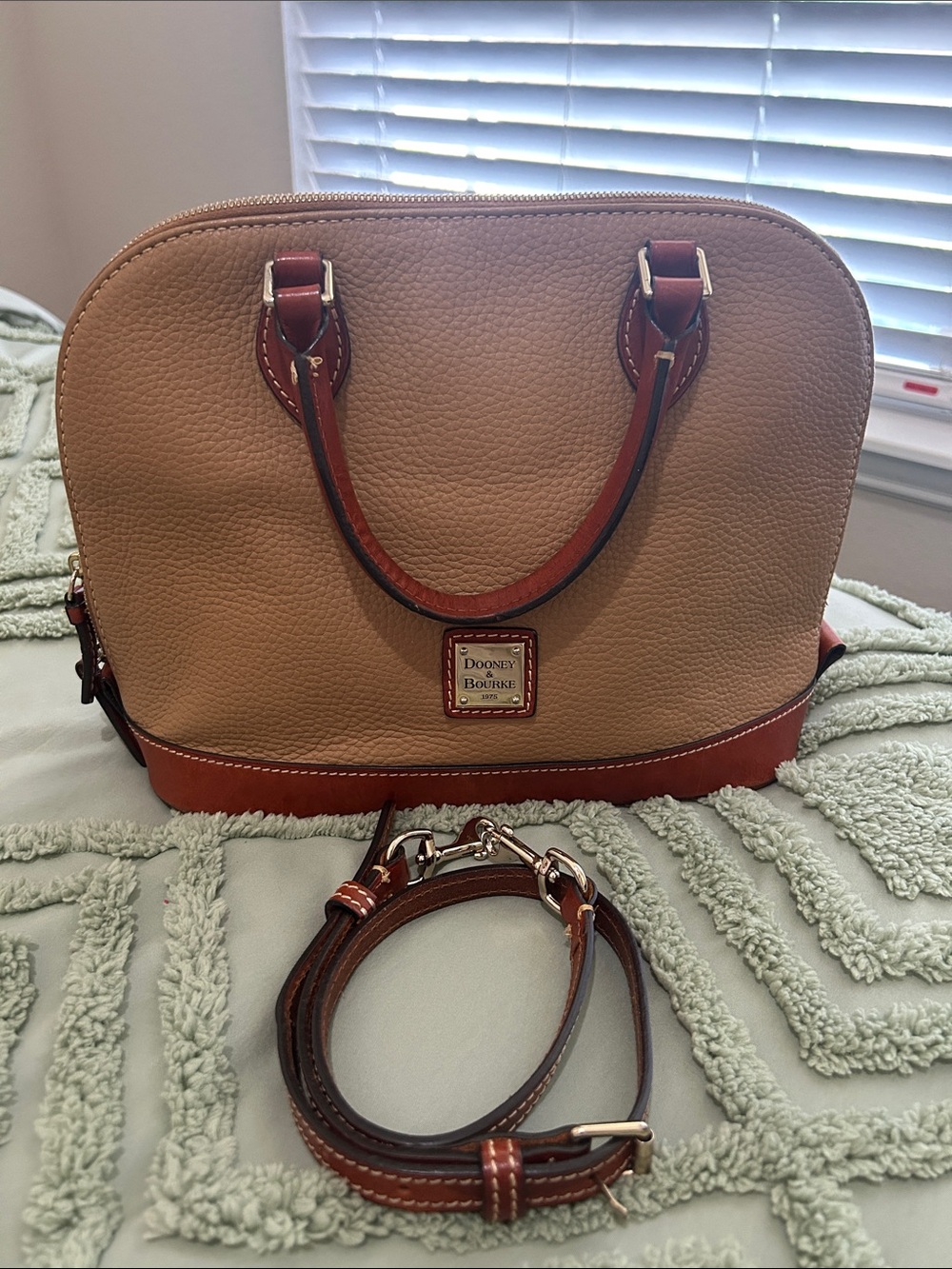 Dooney & Bourke Tan Pebble Leather Dome Satchel with Brown Trim EUC